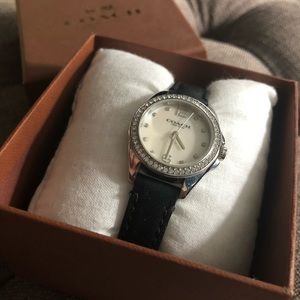 Thin Strap Black Leather Crystal COACH Watch